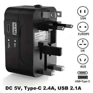 Universal Travel Adapter, One USB Port 5v2.1a+ One Type-C Port 5v2.4a+ One AC Adapter, 650w/110v, 1300w/220v, Supports over 150 Countries, Good for Travel, Home And Office