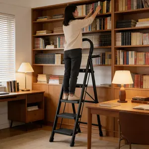 Black portable heavy-duty folding ladder, available in 3/4/5 steps, sturdy structure, safer with handrails, lightweight and easy to carry, easy to store, suitable for household chores, maintenance, warehouse and industrial operations.