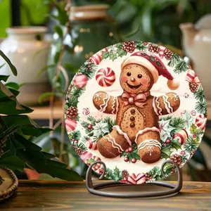 1PC 2D Plane Retro Round Aluminum Wall Art Sign 8x8 Inch - Christmas Gingerbread Man & Candy Decoration, Country Style Holiday Hanging Sign for Home, Office, Door, No Electricity Needed, Mother's Day Thanksgiving Halloween Christmas Gift