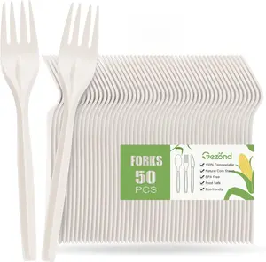 50PCS Compostable Forks 7 Inch, Heavy Duty Disposable Forks, No Plastic Eco Friendly Cutlery for Party, Wedding, Picnic, Camping & Office