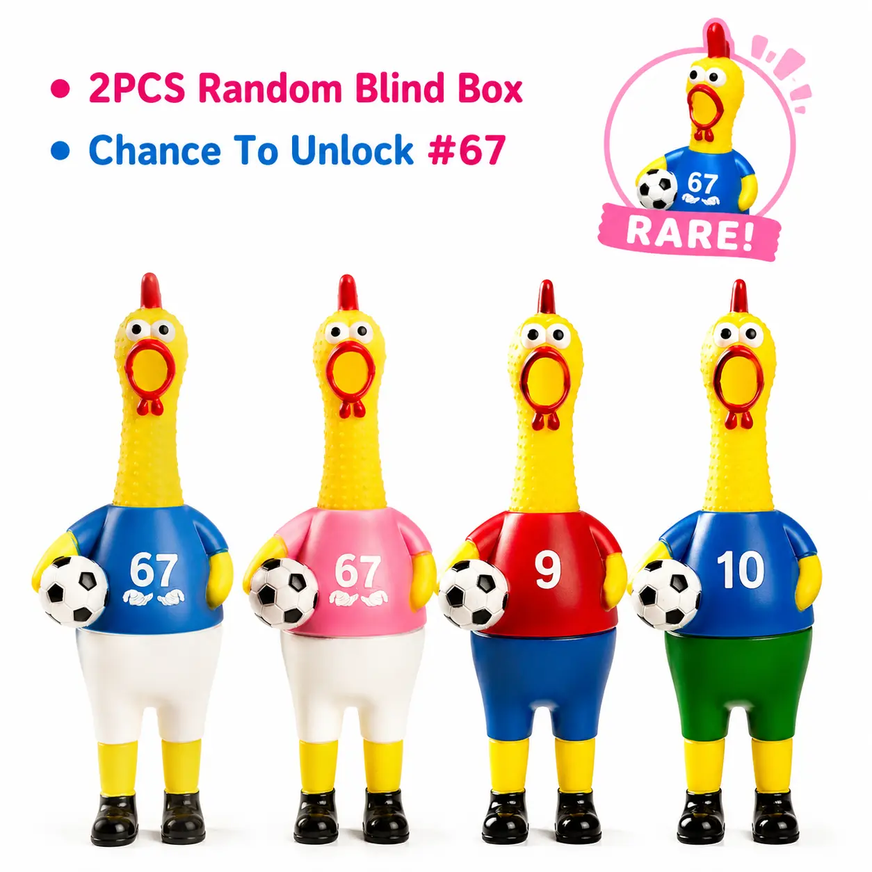 Funny Soccer Scream Chicken Blind Box 2 Pack, Random Football Rubber Chicken Toy with Rare #67 Mystery Edition, Squeaky Stress Relief Fidget Gift for Kids Adults