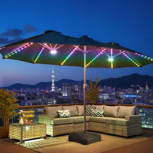 POUUIN High-end 15FT Large Patio Umbrella with RGB Solar Lights, Oversized Outdoor Double-Sided Pool Umbrellas with Crank Handle, Solar-Powered Color-Changing & UV-Protective, Rectangular Market Umbrella with Base Included for Garden, Deck, Backyard, Pool