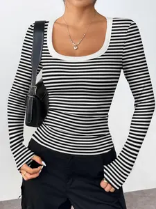 Women's Striped Knit U-Neck Long Sleeve T-Shirt, Soft Elastic Fabric, Regular Fit Casual Top, Perfect for Daily Wear