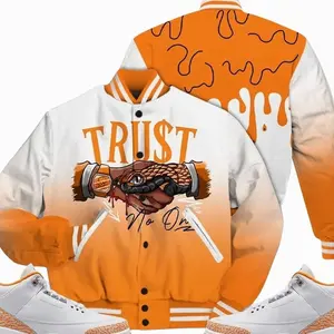 3 White Orange Peel Varsity Jacket, Orange Citrus 3s Outfit Snake Trust No One Shirts To Match Sneaker Streetwear