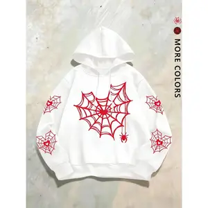 Unisex Spider Web Print Zipper Hoodie, Dark Street Style Loose Fit Warm Top, Casual Spider Web Sweatshirt with Hood, Streetwear