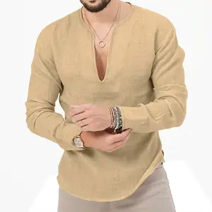 Linen Long Sleeve Slim Fit Solid Color Plus Size Deep V Neck Top Men's Shirt (S-3XL)