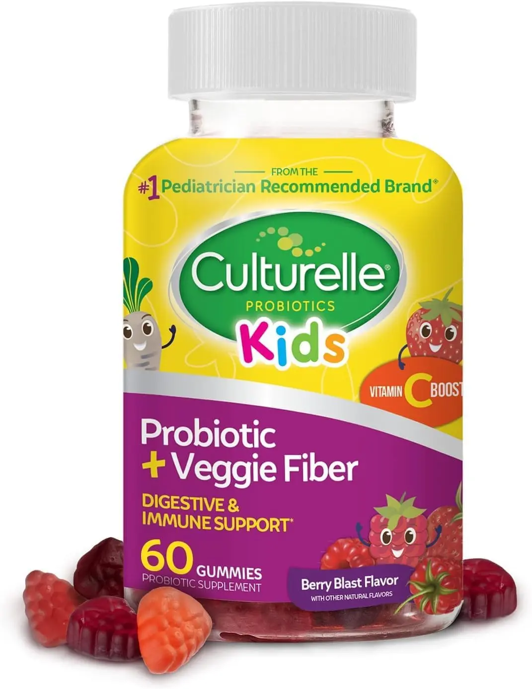 Kids Probiotic and Veggie Fiber Gummies Ages 3 Plus | Berry Flavor Children Digestive Gut Health and Immune Support Gummies with Vitamin C | Fiber Supplement for Kids Daily Wellness | 60 Count