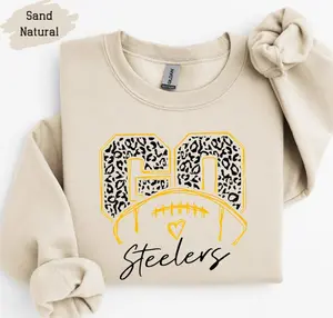 Steelers Retro Football Sweatshirt: Pittsburgh Fan Game Day Shirt - Sand Natural Cotton Blend Hoodie with Leopard Print Design for Women