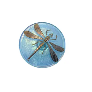 Czech Glass Dragonfly Button 40mm Aqua Blue with Gold Lustre - Large Focal Button