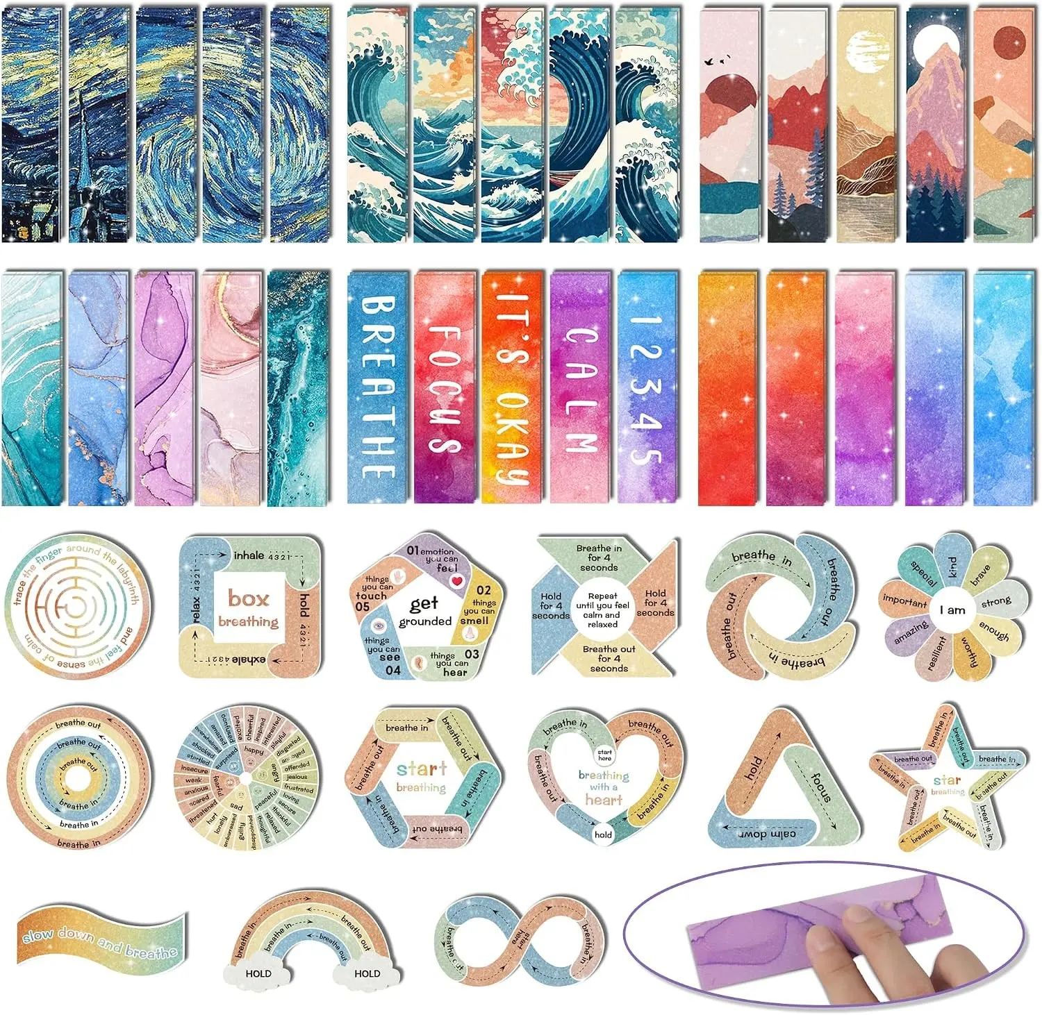 75PCS Calming Strips for Anxiety Sensory Stickers for Office Classroom | Anxiety Relief Items Mental Health Stickers Relieve Stress Sensory Sticker Textures 60 Strips 15 Special Shapes