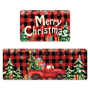 Nialnant 2-Piece Absorbent Christmas Kitchen Rugs Set - Full Print Buffalo Plaid Truck Mats with Anti-Slip Base, Heat Resistant, Multipurpose Use for Kitchen Sink Area, Living Room, Living Room Or Multipurpose Use Everyday Practicality