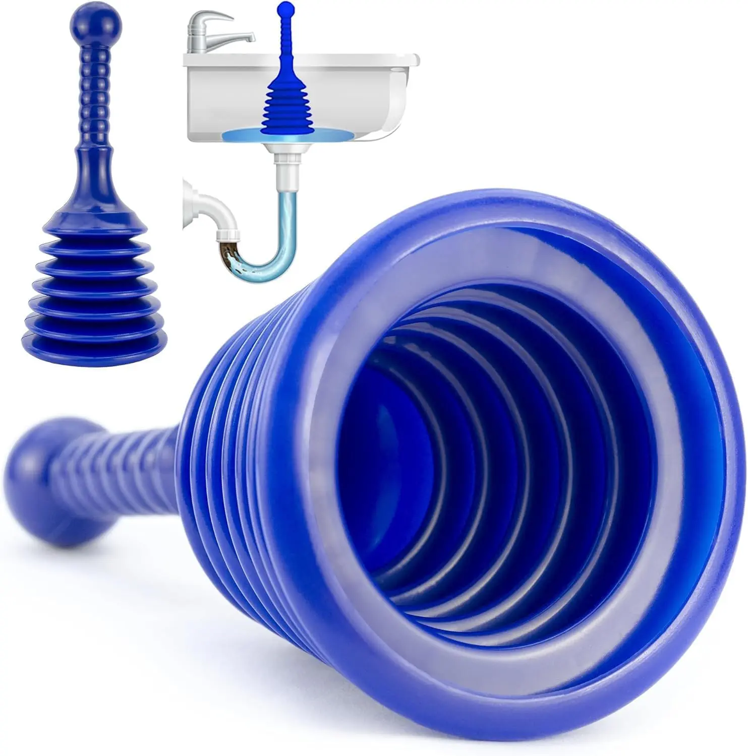 Plunger Kitchen - Sink Plunger Bathroom - Drain Bathtub or Shower - Small and Powerful Clog Remover - Commercial Style "Plumbers Plungers" with Large Bellows - Blue - Small