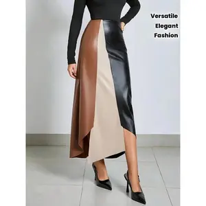 Elegant French-Inspired A-Line Midi Skirt for Women - Chic Black & Beige Two-Tone Design with High-Waisted Pleated Detail, Asymmetrical Hem, and Side Slit, Perfect for All Seasons, Versatile Fashion |   Sophisticated Style |   Quality Fabric