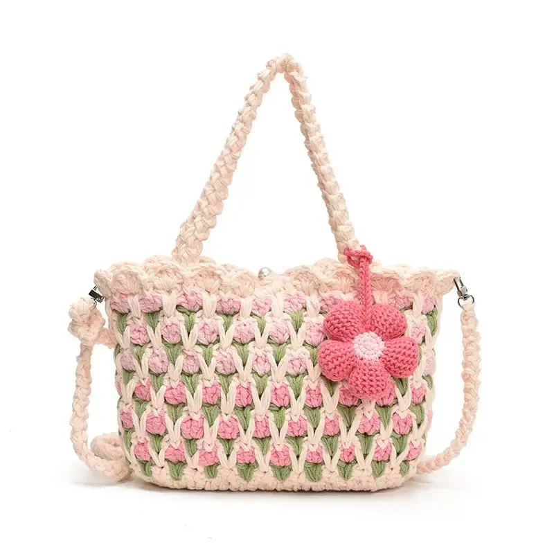 Women Handmade Crochet Flower Tote Bag, Cute Tulip Woven Crossbody Purse, 2 Ways Wear Knitted Shoulder Bag with Detachable Strap for Summer Beach Travel Daily