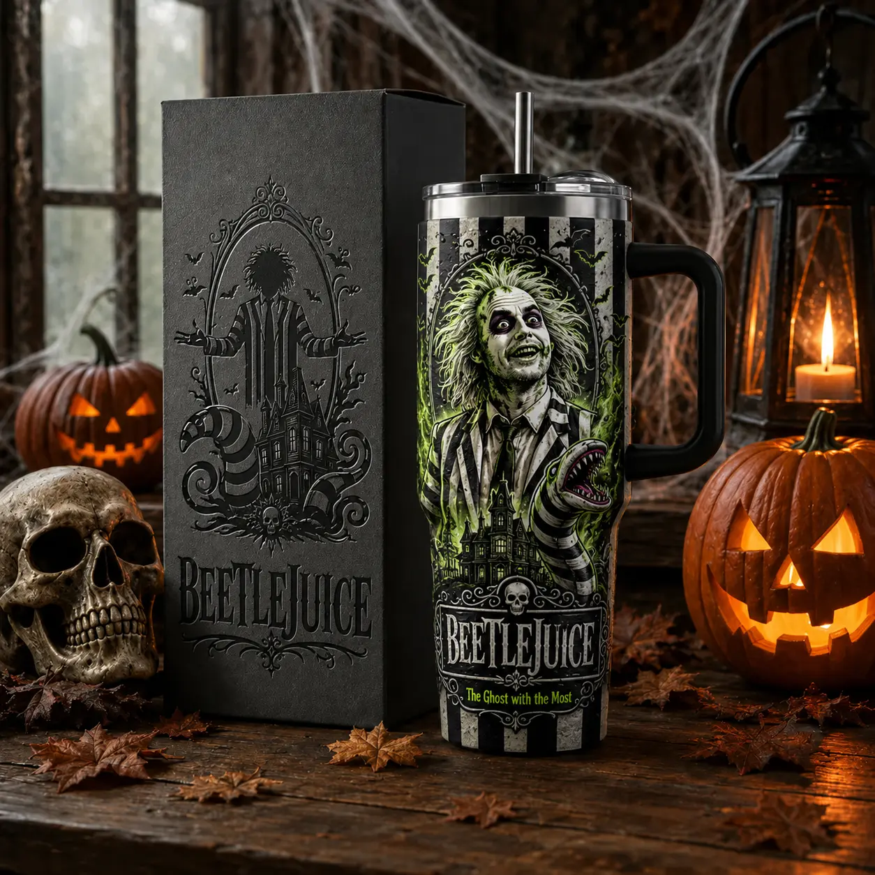 Beetlejuice 40oz Tumbler with Handle and Straw, Stainless Steel Vacuum Insulated Travel Mug, Halloween Horror Movie Cup, The Ghost with the Most Drinkware, Gift for Beetlejuice Fans