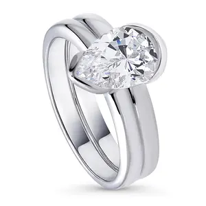 BERRICLE Sterling Silver Solitaire Wedding Engagement Rings Stackable Band for Women, 1.8 Carat Half Bezel Set Pear Cut Cubic Zirconia CZ Ring Set