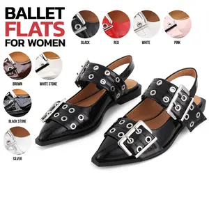 Ballet Flats For Women Pointed Toe Flat Block Heel Metallic Buckle Strap Slingback Flats Comfortable Work Casual Party Dress Walking Ballerina Fashionable Pumps