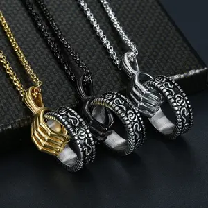 Stainless Steel Skeleton Hand Necklace, Unisex Grasping Ring Pendant, Trendy Gothic Jewelry