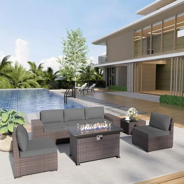 Patio Furniture Sectional Sofa Set 7-Pieces PE Rattan Patio Conversation Set w/43in Gas Fire Pit Table, Outdoor Furniture with 50,000 BTU Propane Fire Pit