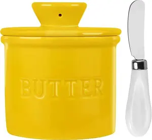 French Butter Crock 16oz Ceramic Triple-Glazed Dish with Lid & Spreader - Food-Safe Countertop Storage Keeps Butter Soft for Baking Bottles