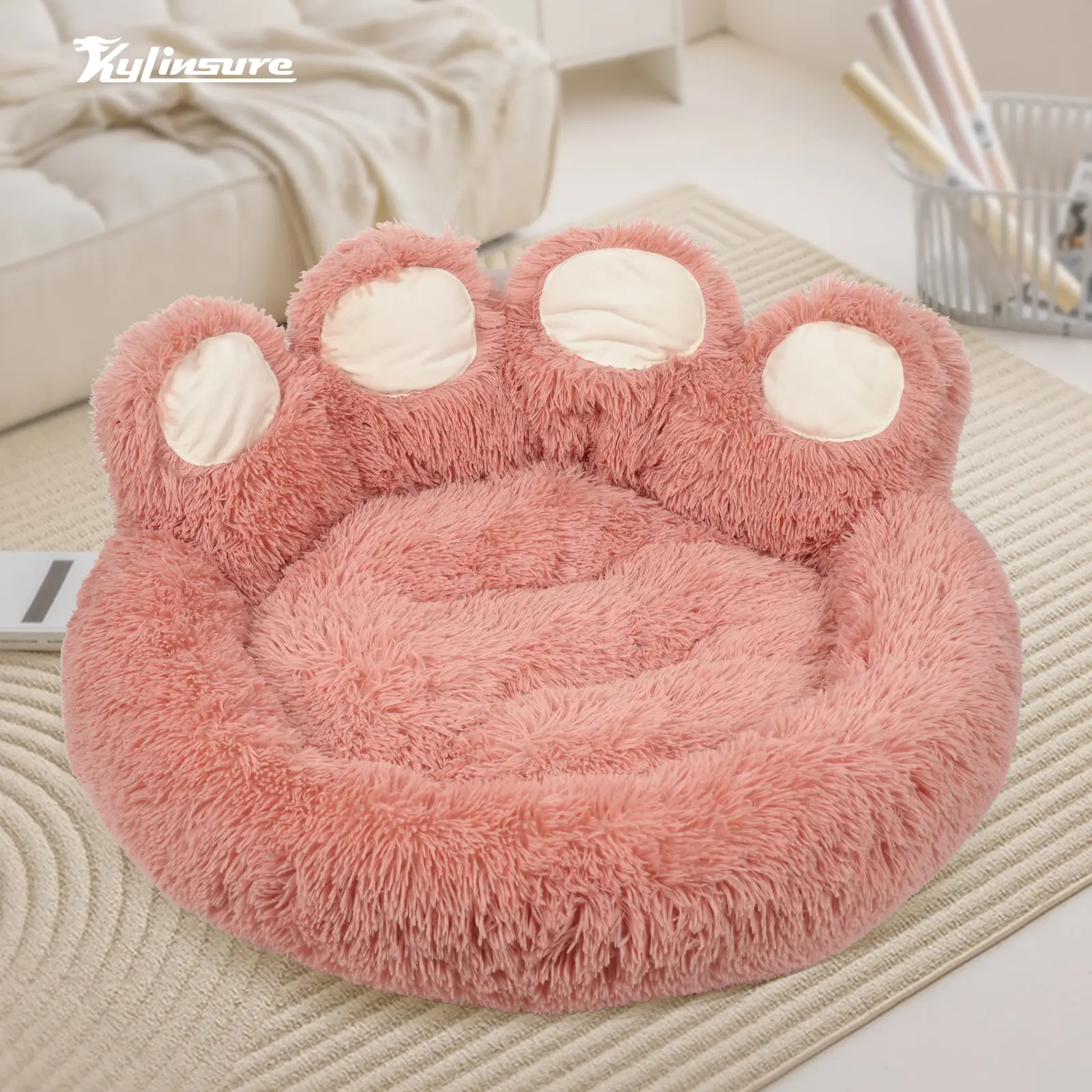 Kylinsure Round Shape Bear Paw Donut Pet Bed for Dogs & Cats - Solid, Skin-Protecting, Warmth-Providing Cotton-Filled Plush Mattress, Pink