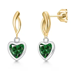925 Silver and 10K Yellow Gold Green Nano Emerald Dangle Earrings for Women | 1.40 Cttw | Gemstone May Birthstone | Heart Shape 6MM