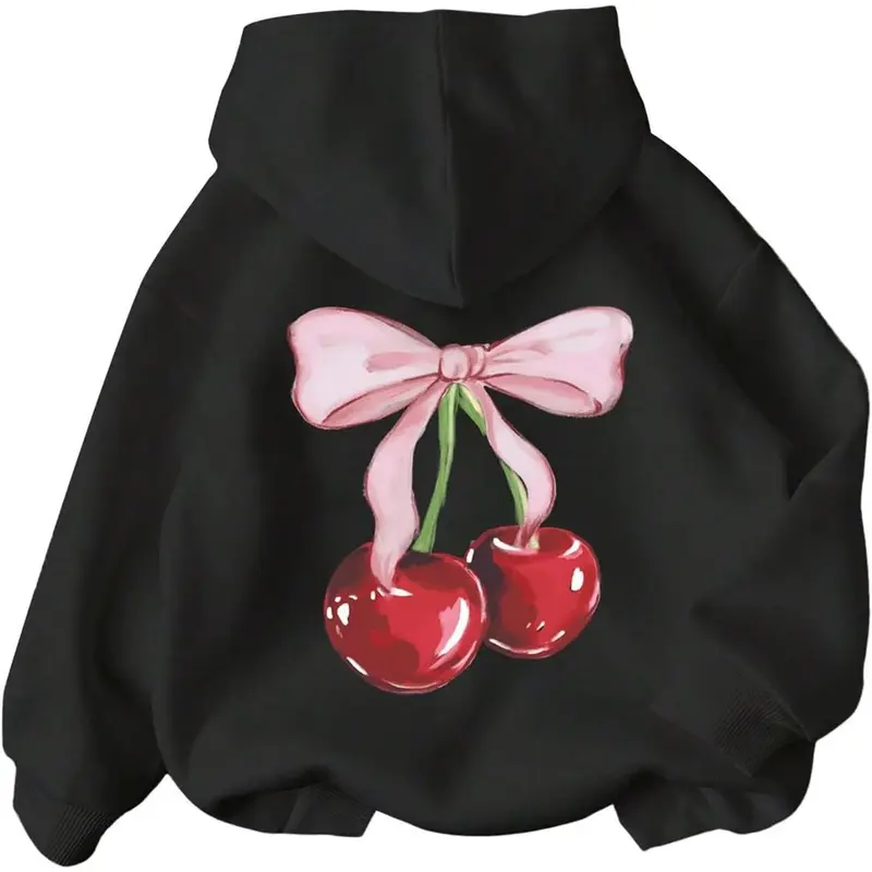 Girl's Cherry Graphic Hoodie Long Sleeve Hooded Sweatshirt Cute Pullovers Tops