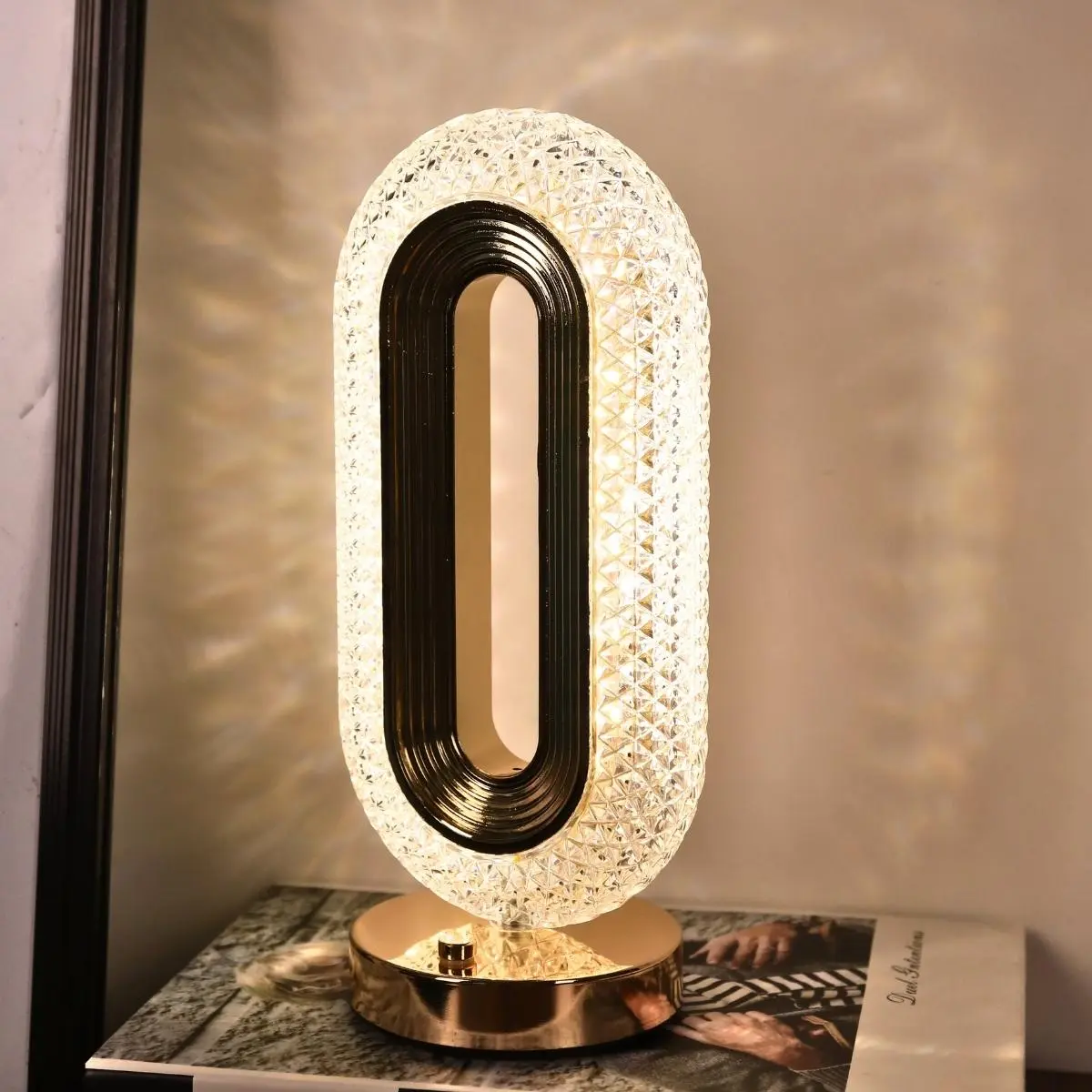 USB Rechargeable Crystal Table Lamp, Modern Adjustable LED Desk Lamp, Tri-Color Dimming Acrylic Night Light for Bedroom, Living Room, Restaurant, Dormitory, and Hotel Decor, Dimmable Nightlight