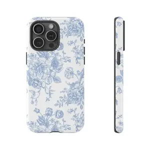 For IPhone 17 Case, French Toile De Jouy Pattern, Blue and White Floral Design, Tough Protective Cover with Extra Layer for IPhone 16 15 14 13 12 11 Pro Max Plus