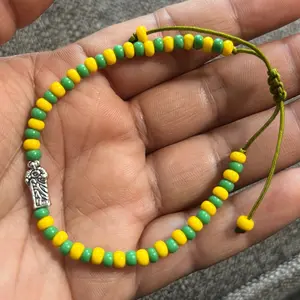 San Judas Tadeo Adjustable Unisex Bracelet with Green and Yellow Beads Double Sided Charm Snake Thread Casual Daily Wear