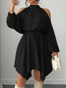 New Spring Summer Women's Halter Neck High Collar Lantern Sleeve Dress, Waist Cinched Asymmetrical Hem, Casual Office Wear, Solid Color Aulx346