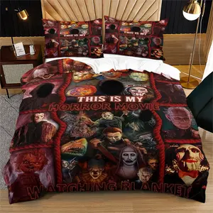 Horror Movie Style Decorative Duvet Cover Set, Full Print of Classic Horror Movie Characters Bedding Set, Includes 1/2 Pillowcases - without Core, Soft and Comfortable, Warm and Skin-Friendly, Ideal for Horror Movie Lovers' Bedding Decor, Bed Sets