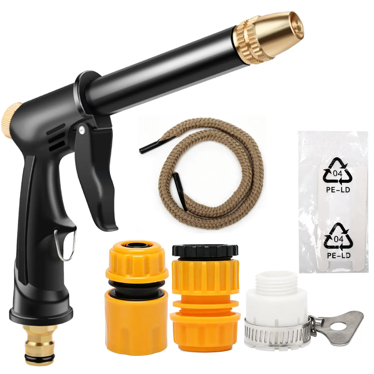 Water Spray Gun Set, Adjustable Brass Nozzle Garden Hose Nozzle with Quick Connect Hose Fittings, Universal Outdoor Water Gun for Car Washing, Lawn Watering & Patio Cleaning