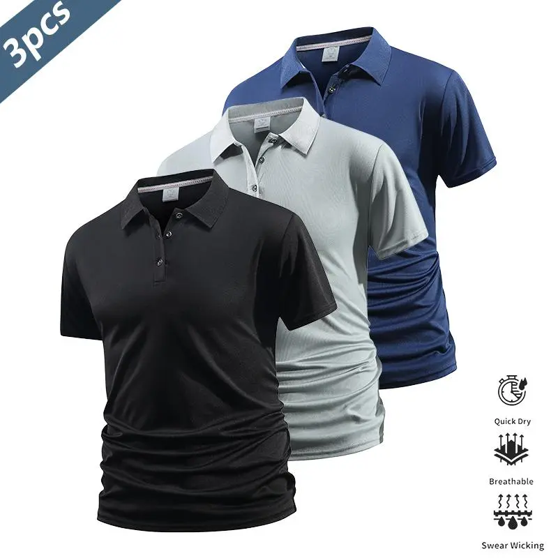 Men's 3-Pack Casual Short-Sleeve Front-Placket Polo Shirts - Dry-Fit, Moisture-Wicking, Tennis-Inspired, Quick-Dry, Contrast Neckline/Cuffs, Comfortable Riding Apparel, Ideal for Casual Gatherings, Travel, Dry-Fit Polo Shirts, Moisture-Wicking Polo Shirts