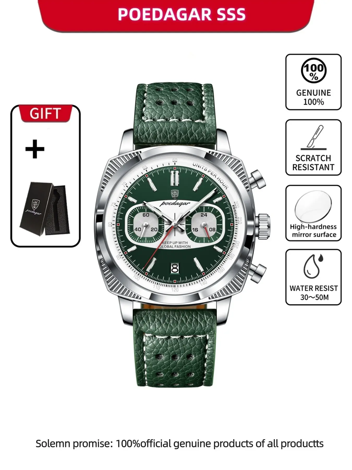 Poedagar Original Fashion Men's Watch, Glossy Waterproof Chronograph Date Display, Men's Luxury Leather Quartz Wristwatch