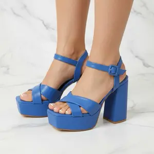 Annabella PlatForm Chunky Heel - Blue Leather Sandals with Ankle Strap and Platform Sole for Women