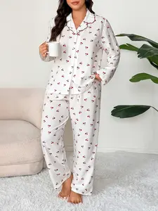 Women's Textured Fabric Casual Sleepwear Set, Long Sleeve Button-Front Pajamas, Contrast Binding Cherry Print, Fitted Two-Piece Cozy Loungewear Pjs