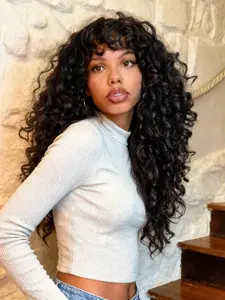 20 Inches High Density Fluffy Veralux Blend Shaggy Curly Wig With Bangs Burgundy Colored Wigs Style Archive Technology Fiber Synthetic Wig Full Machine Made Scalp Top, Scalp Effect Wig