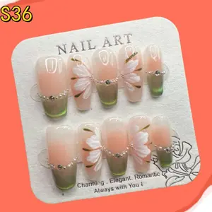 S36 Green Elf Spring and Summer Cat Eye Hand-drawn Flower Pure Hand-made Advanced Press-on Nails Nailcare christmas wreath
