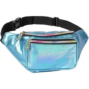 Holographic Fanny Pack Belt bag - Crossbody  Bag for Men or Women - Hands-Free,  Large Bumbag for Hiking, Running, and Travel (Blue Glitter)