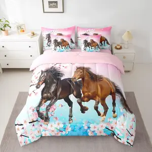 Feelyou 7-Pcs Western Style Horse Comforter Bed-in-a-Bag - Microfiber Bedding Set with Soft Breathable Blanket, Cherry Blossom Farmhouse Bedding, Sheets, Pillowcases, Pillow Cover