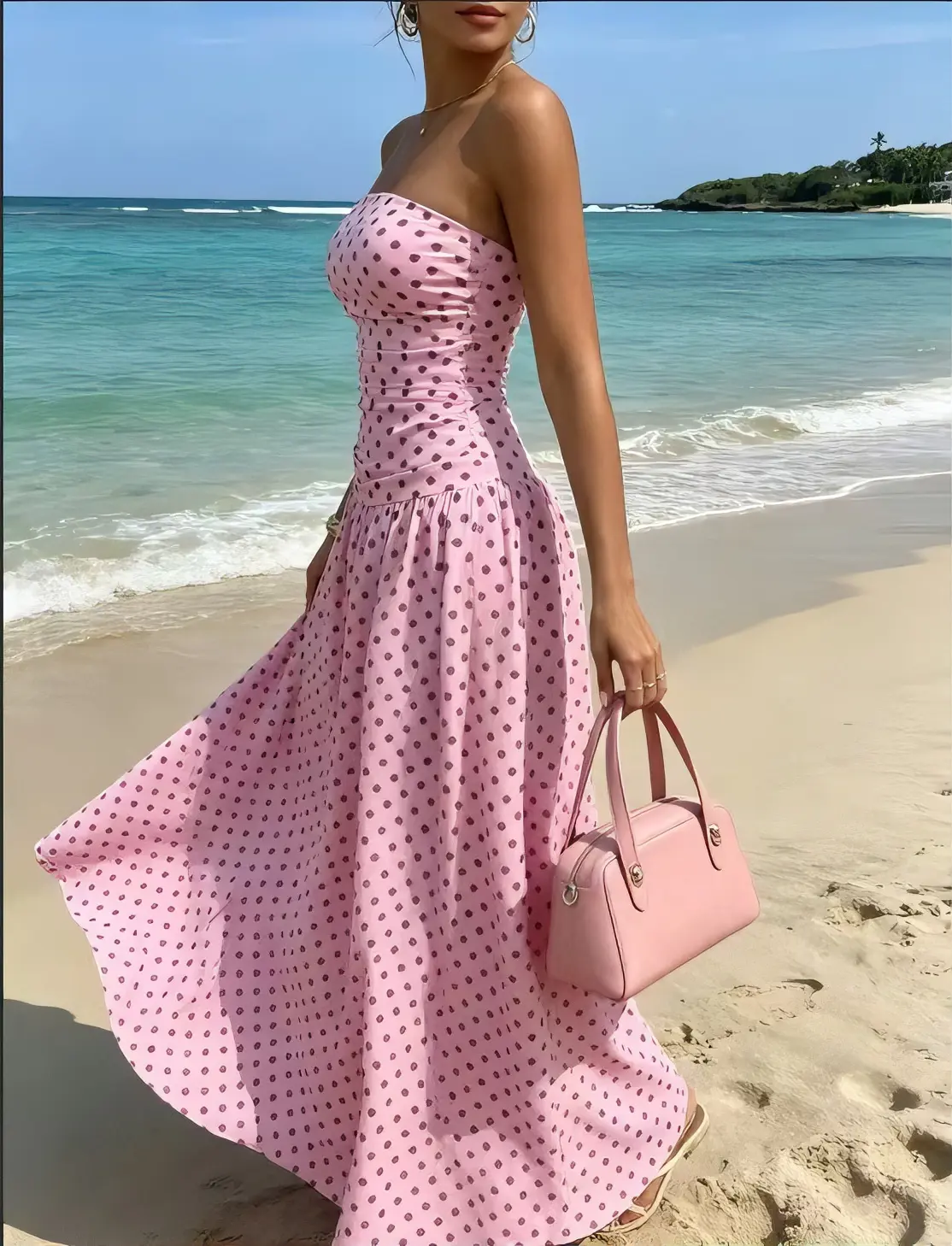 Women's Casual Strapless Pink Polka Dot Long Maxi Dress with Matching Handbag - Off Shoulder, Sleeveless, Comfortable, Elegant Day Beachwear, Hand Wash Only Casual Dresses, Chic