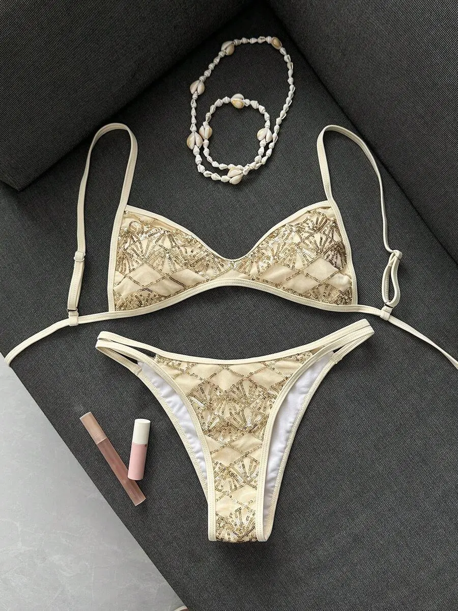 Women's 2pcs Summer Beach Bikini Set, Embroidered Sequin Mini Cup Double Strap Top & Double String Bottoms, Sexy Swimsuit Outfit For Vacation And Swimming