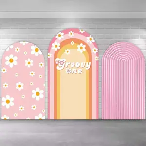 Rainbow Daisy Flower Girls Groovy Birthday Party Arch Covers Stretchy Backdrop, Pink Stripes Retro 60s 70s Design, Perfect for Girls Kids Baby Shower First Birthday Party Photo Backdrop
