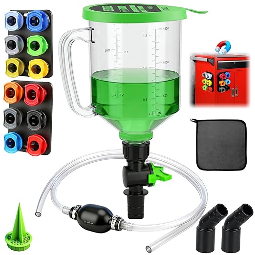 18-Piece Automotive Engine Oil Funnel Toolkit, 1.59QT/1.5L Car Maintenance Tools with 12 Adapters, Elbow Fitting, Arrow Screen, Magnetic Storage Hooks Tray, Tools for Mechanics, Car Stuff Compatible with GM, Ford, BMW, Audi, Land Rover