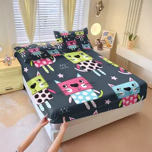 3 Pcs Cute Cartoon Cat Digital Print Fitted Sheet Set, Kawaii Cat Themed Bed Sheet Set, Soft Durable Microfiber with Deep Non-Slip Pocket, Wrinkle & Fade Resistant, Perfect for Kids Girls Bedroom Dorm Guest Room Decor - No Filling
