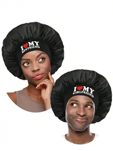 2pcs Lovers' Satin Hair Bonnet Set | "I LOVE MY Boy/Girl Friend" Printed Sleep Cap - Black Wide Brimmed Silk Bonnet for Hair Protection & Couples Gift