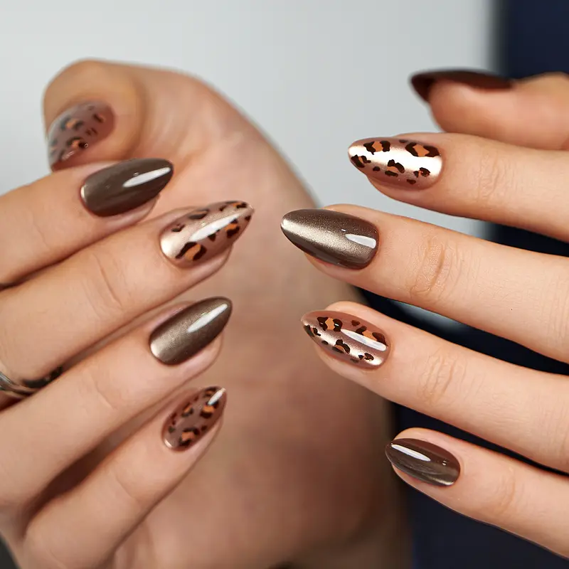 CurvLife Nailora short almond striped Fake Nails cat eye brown glossy shiny for fall 2 Week Wear Damage Free