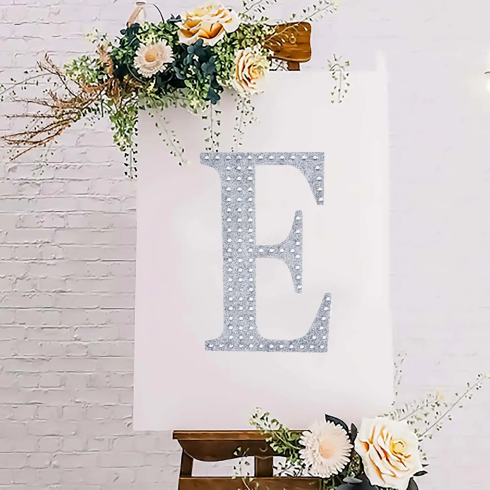 8-in Sparkly Silver Glitter Rhinestone Alphabet "E" Adhesive Decal Sticker - DIY Scrapbooking Embellishments for Wedding Party Craft Projects, Adhesive Decals