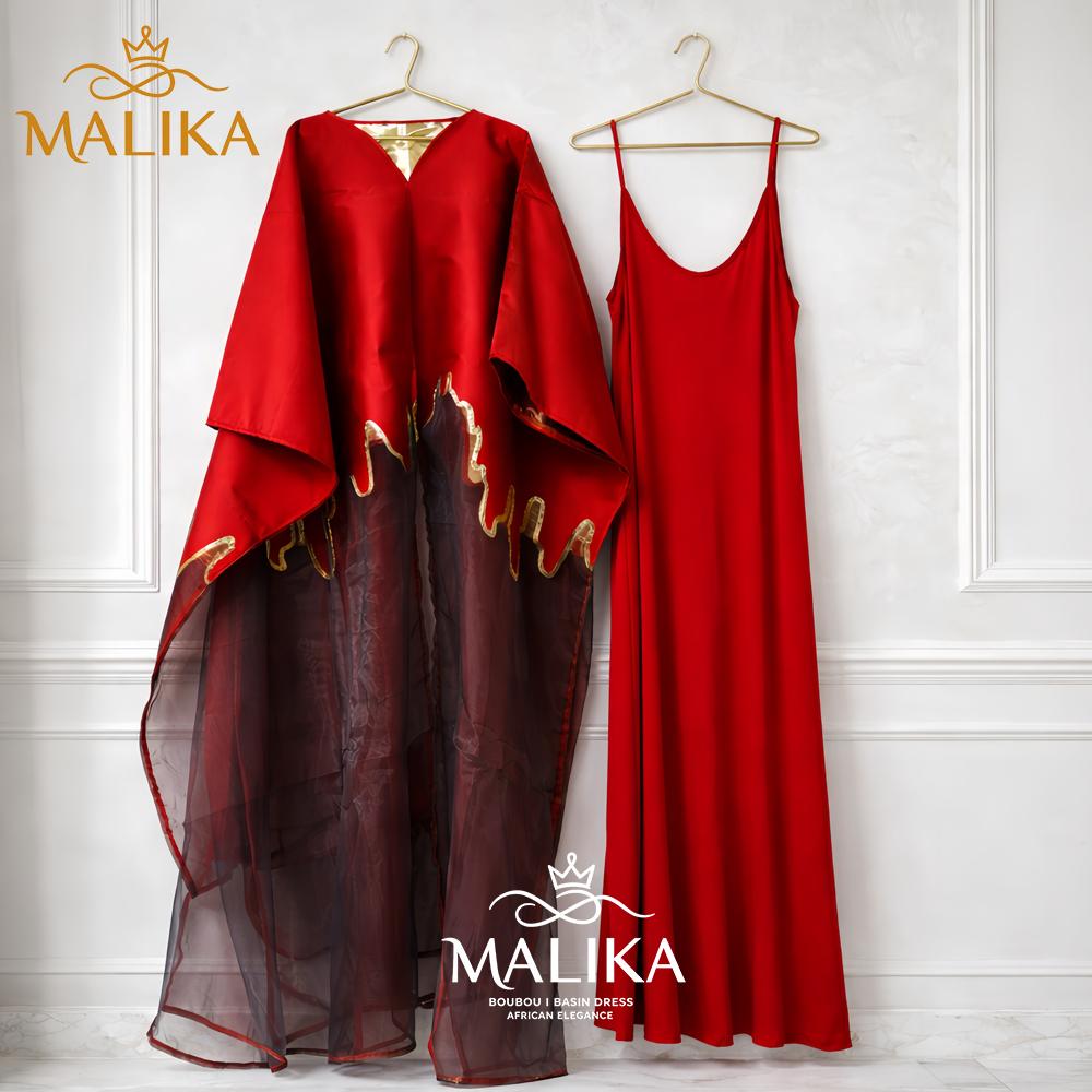 2pcs Set East Middle Red Brocard Boubou Dress With Strap Lining African Classical Party Dress Plus Size Luxury Long Sleeve